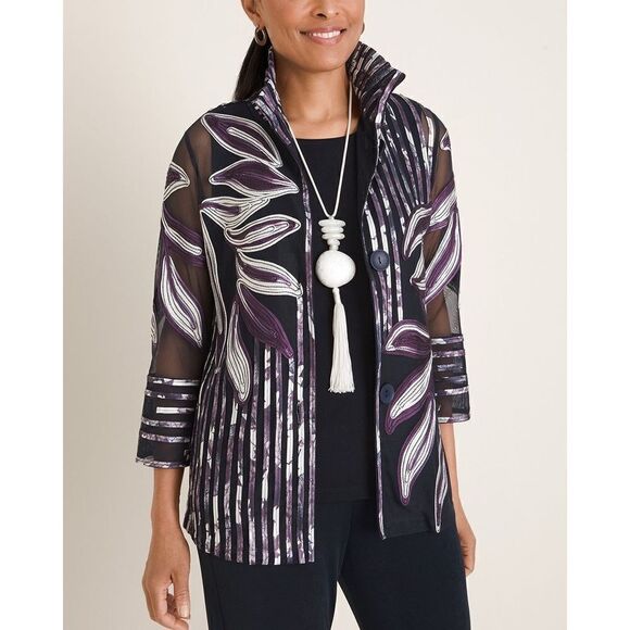 Chico’s Travelers Collection Striped Floral-Embroidered Jacket Size 0 - Picture 3 of 10